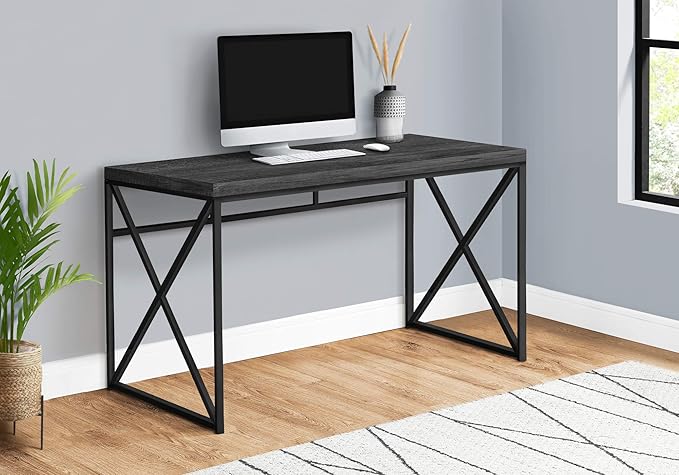 Monarch Specialties Modern Industrial Style-Home & Office Writing Table with Sturdy Crisscross Metal Computer Desk, 48" L, Black Reclaimed Wood-Look/Black Frame - LeafyLoom