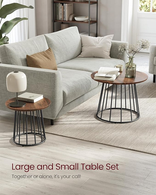 VASAGLE Round Coffee Tables, Set of 2, Modern Circle Side Tables with Steel Frame, for Living Room, Bedroom, Natural Walnut ULCT045K43 - LeafyLoom