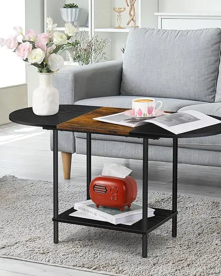 ETELI Small Black Coffee Tables Oval Center Table with Storage and Open Shelving Round Coffee Tea Tables for Living Room, Small Space, Home Office, Brown & Black - LeafyLoom