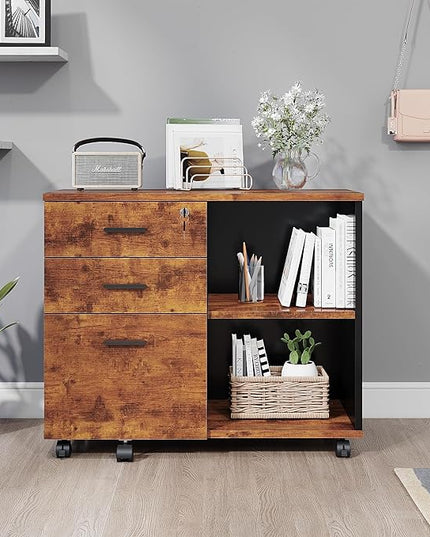 Wood File Cabinet, 3 Drawer Mobile Lateral Filing Cabinet On Wheels, Printer Stand with Open Storage Shelves for Home Office (Wood) - LeafyLoom