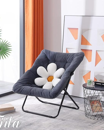 Tiita Comfy Saucer Chair, Soft Faux Fur Oversized Folding Accent Chair, Lounge Lazy Chair for Kids Teens Adults, Metal Frame Moon Chair for Bedroom, Living Room, Dorm Rooms - LeafyLoom