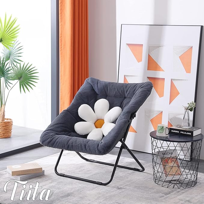 Tiita Comfy Saucer Chair, Soft Faux Fur Oversized Folding Accent Chair, Lounge Lazy Chair for Kids Teens Adults, Metal Frame Moon Chair for Bedroom, Living Room, Dorm Rooms - LeafyLoom