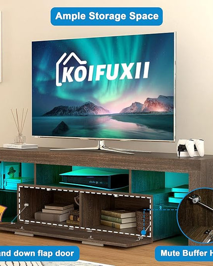 Mid Century Modern TV Stand for 40 50 55 60 65 70 Inch TV, Brown LED TV Stand with Storage Cabinet, Wood Media TV Console, TV Entertainment Center for Living Room Bedroom - LeafyLoom