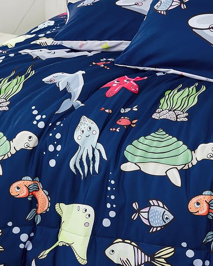 RYNGHIPY Kids Bedding Set for Full Bed Reversible Ocean Animals Print Comforter Set for Boys Girls Easy-Wash Super Soft Microfiber Bed Set (Navy Ocean,Full) - LeafyLoom