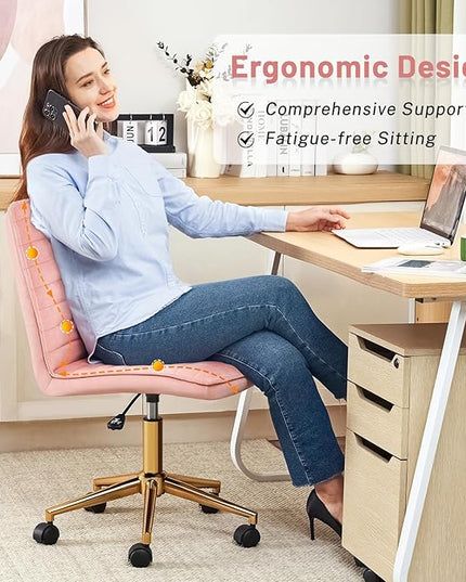Furniliving Home Office Chair, Armless Vanity Chair with Wheels Swivel Velvet Computer Rolling Desk Chair with Back, Adjustable Accent Chair with Gold Metal Base Stool Chair,Pink - LeafyLoom