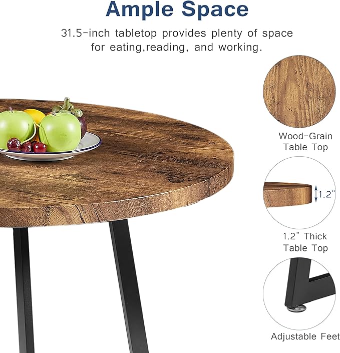 VECELO Round Kitchen Table with 2 Upholstered Chairs, 3-Piece Wood Dinette Sets with Steel Frame for Breakfast Nook, Dining Room, and Small Space, Antique Brown - LeafyLoom