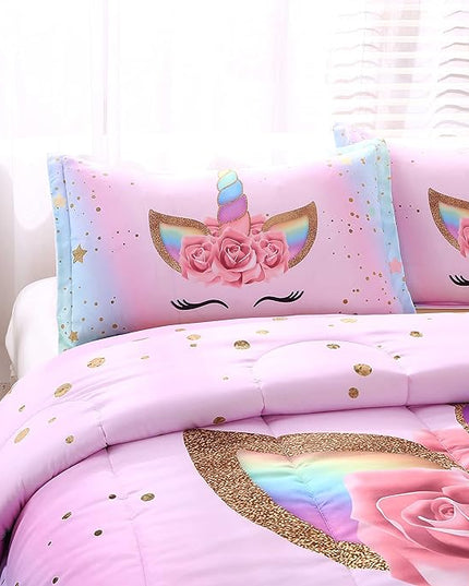 Unicorn Comforter Set Rainbow Soft Girls Unicorn Bedding with 1 Comforter 2 Pillowcases Pink Flower Unicorn Bedding Sets for Girls Twin Size - LeafyLoom