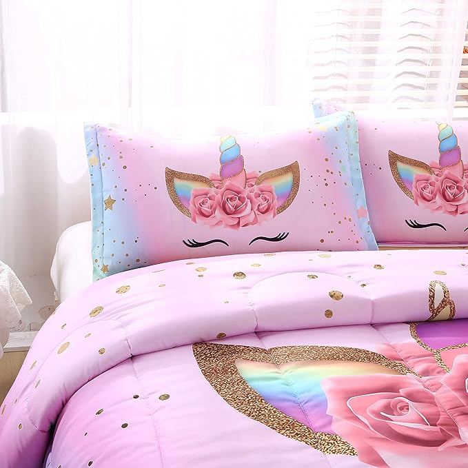 Unicorn Comforter Set Rainbow Soft Girls Unicorn Bedding with 1 Comforter 2 Pillowcases Pink Flower Unicorn Bedding Sets for Girls Twin Size - LeafyLoom