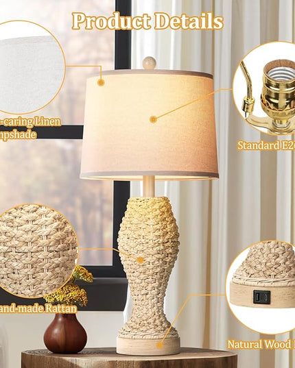TOBUSA Rattan Table lamps for Bedroom Set of 2, 26.5inch Woven Bedside Lamps with USB C+A, Farmhouse Table Lamps for Nightstand, Coastal Seagrass Lamps for Living Room, End Table (E26 Bulbs Included) - LeafyLoom