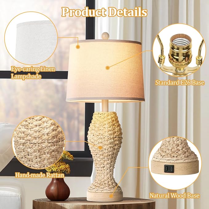 TOBUSA Rattan Table lamps for Bedroom Set of 2, 26.5inch Woven Bedside Lamps with USB C+A, Farmhouse Table Lamps for Nightstand, Coastal Seagrass Lamps for Living Room, End Table (E26 Bulbs Included) - LeafyLoom