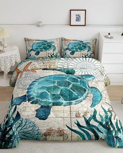 Turtle Bedding Teal Turtle Comforter Set Turquoise Ocean Themed Mediterranean Style Printed Design Ocean Turtle Down Comforter Quilted Duvet Set Full Size 1 Comforter 2 Pillowcases (Full, Turtle) - LeafyLoom