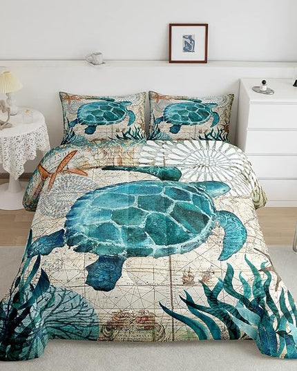 Turtle Bedding Teal Turtle Comforter Set Turquoise Ocean Themed Mediterranean Style Printed Design Ocean Turtle Down Comforter Quilted Duvet Set Queen Size 1 Comforter 2 Pillowcases (Queen, Turtle) - LeafyLoom