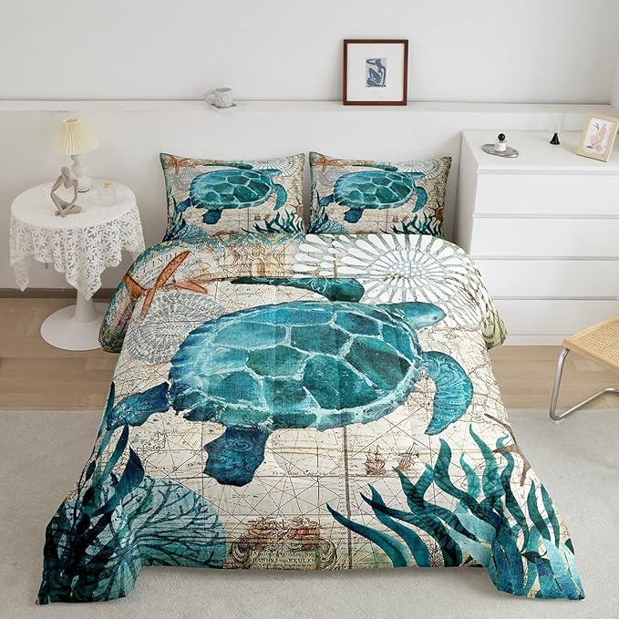 Erosebridal Turtle Bedding Teal Turtle Comforter Set Turquoise Ocean Themed Mediterranean Style Printed Design Ocean Turtle Down Quilted Duvet Set Twin Size 1 Comforter 1 Pillowcase (Twin, Turtle) - LeafyLoom