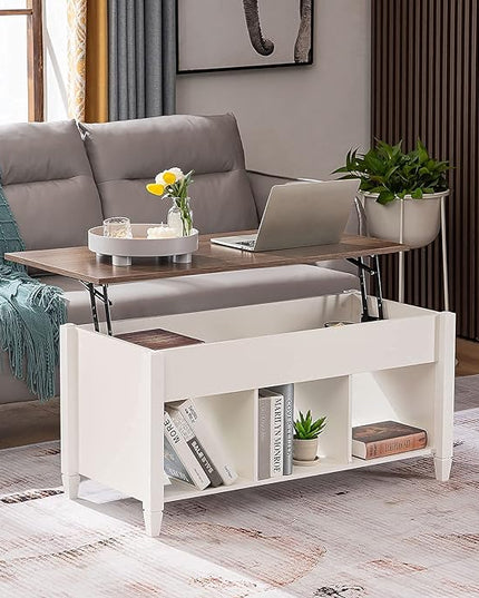VINGLI Lift Top Coffee Table, White Coffee Table with Lift Top, Lift Up Coffee Table with Storage Shelf/Hidden Compartment, Gas Lift Coffee Table Mesa De Centro Para Sala Pop Up Coffee Table - LeafyLoom