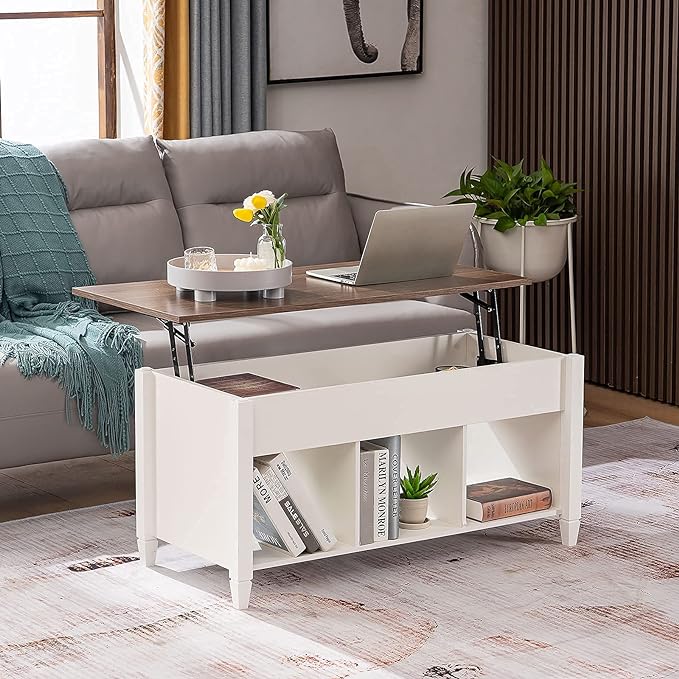 VINGLI Lift Top Coffee Table, White Coffee Table with Lift Top, Lift Up Coffee Table with Storage Shelf/Hidden Compartment, Gas Lift Coffee Table Mesa De Centro Para Sala Pop Up Coffee Table - LeafyLoom