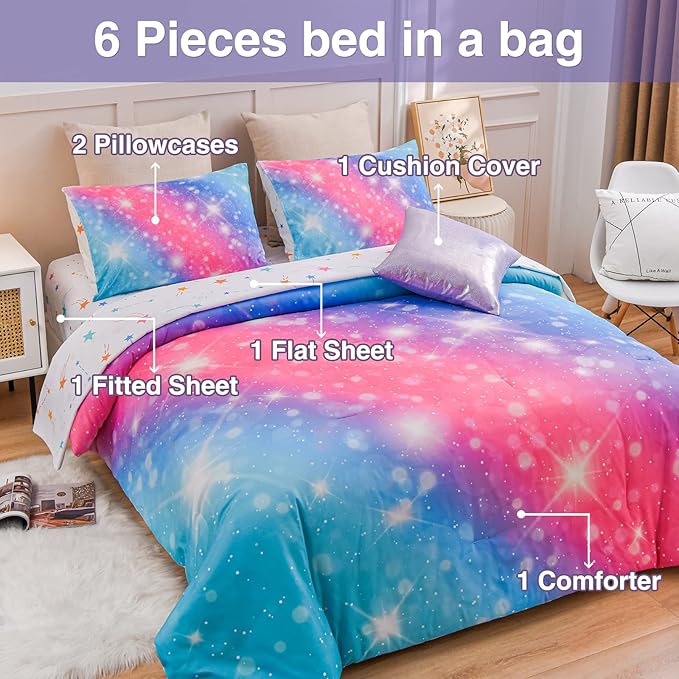 A Nice Night 6Pcs Gradient Glitter Bedding Set for Girls, Colorful Rainbow Galaxy Comforter Set, Ultra Soft Bedding Sets (Pink-Blue,Twin 6Pcs) - LeafyLoom