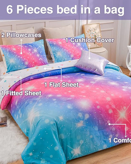 A Nice Night 6Pcs Gradient Glitter Bedding Set for Girls, Colorful Rainbow Galaxy Comforter Set, Ultra Soft Bedding Sets (Pink-Blue,Full 6Pcs) - LeafyLoom
