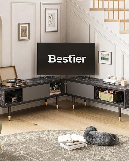 Bestier Mid Century Modern TV Stand for 85 inch tv, Entertainment Center with Storage and Sliding Doors, 2 in 1 Long TV Cabinet for Living Room, Black Marble - LeafyLoom