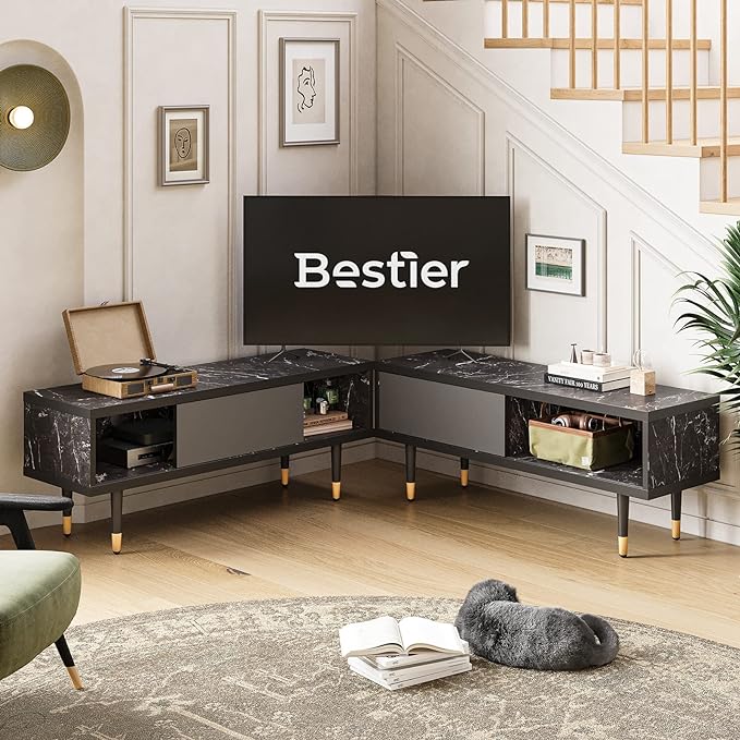 Bestier Mid Century Modern TV Stand for 85 inch tv, Entertainment Center with Storage and Sliding Doors, 2 in 1 Long TV Cabinet for Living Room, Black Marble - LeafyLoom