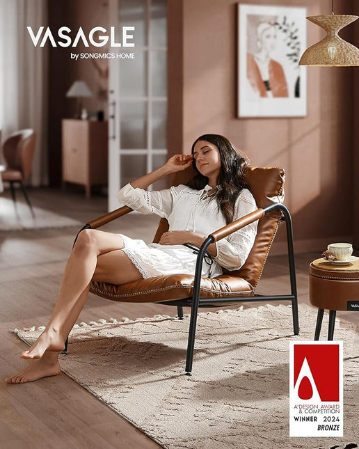 VASAGLE EKHO Collection - Accent Chair, Metal Framed Armchair, Synthetic Leather with Stitching, Mid-Century Modern, Sling Chair for Living, Bedroom, Reading Room, Lounge, Caramel Brown ULAC014K01 - LeafyLoom