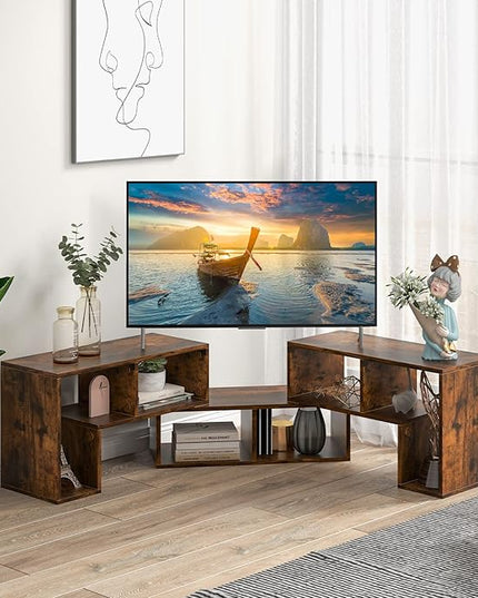 BUSHLY 3 Pieces Console TV Stand, Modern Multimedia Furniture for 50 55 60 65 Inch Flat Screen TV, DIY Open Storage Bookcase Shelf for Storage and Display, Suitable for Living Room Bedroom (Brown) - LeafyLoom