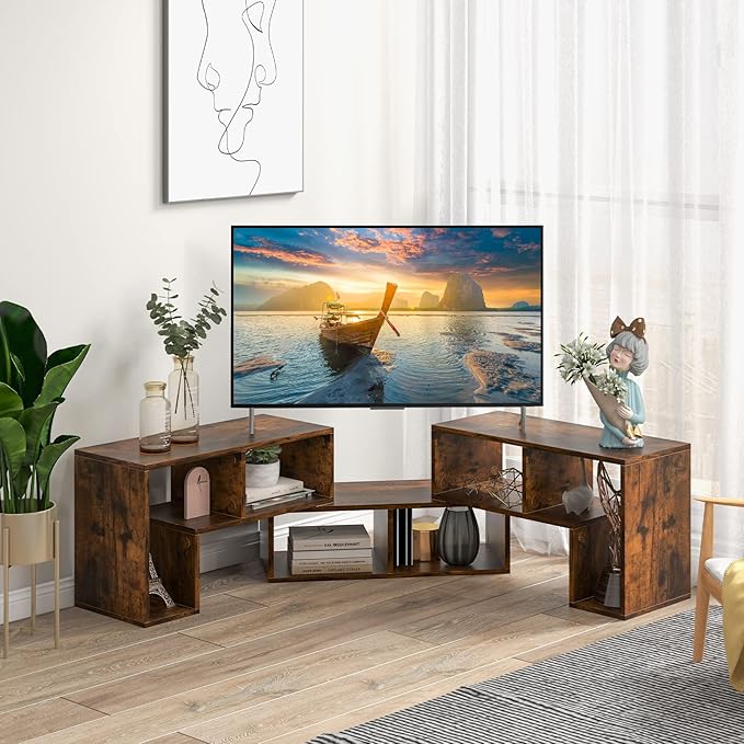 BUSHLY 3 Pieces Console TV Stand, Modern Multimedia Furniture for 50 55 60 65 Inch Flat Screen TV, DIY Open Storage Bookcase Shelf for Storage and Display, Suitable for Living Room Bedroom (Brown) - LeafyLoom