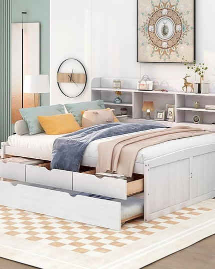 Full Captains Bed with 3 Storage Drawers and Trundle, Wood Daybed with Built-in Bookshelves for Bedroom Living Room, White - LeafyLoom