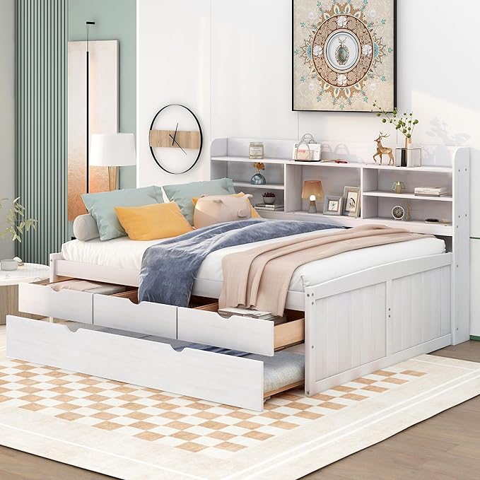Full Captains Bed with 3 Storage Drawers and Trundle, Wood Daybed with Built-in Bookshelves for Bedroom Living Room, White - LeafyLoom