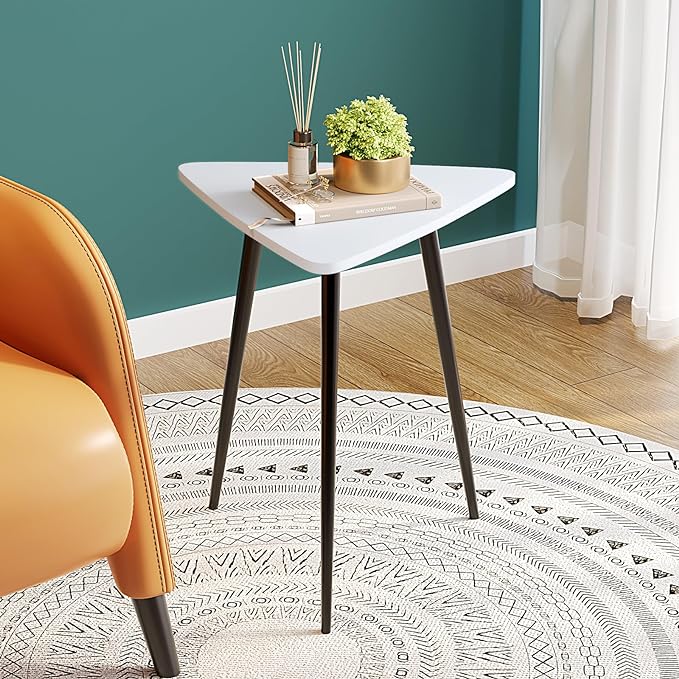 SAYGOER White End Table for Small Places Triangle Side Tables Modern Sofa Table for Living Room Bedroom Office Small Night Stand Metal Legs Bedside Table White Home Decor, Easy Assembly - LeafyLoom