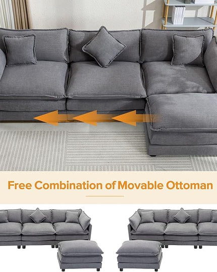112.2" L-Shape Chenille Upholstered Sofa, Modern Luxury Couch with Movable Ottoman adn 5 Pillows, for Living Room, Apartment, 112.2 Inch, Gray - LeafyLoom