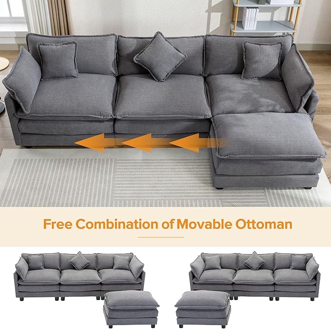 112.2" L-Shape Chenille Upholstered Sofa, Modern Luxury Couch with Movable Ottoman adn 5 Pillows, for Living Room, Apartment, 112.2 Inch, Gray - LeafyLoom