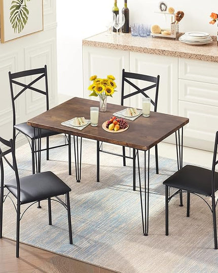 VECELO Kitchen Dining Room Table 4 Chairs for Small Space, Apartment,Metal Steel Frame, 5-Piece Set, Brown - LeafyLoom