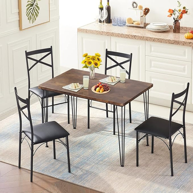 VECELO Kitchen Dining Room Table 4 Chairs for Small Space, Apartment,Metal Steel Frame, 5-Piece Set, Brown - LeafyLoom