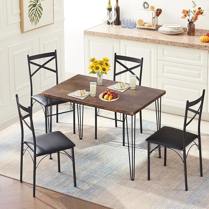 VECELO Kitchen Dining Room Table 4 Chairs for Small Space, Apartment,Metal Steel Frame, 5-Piece Set, Brown - LeafyLoom