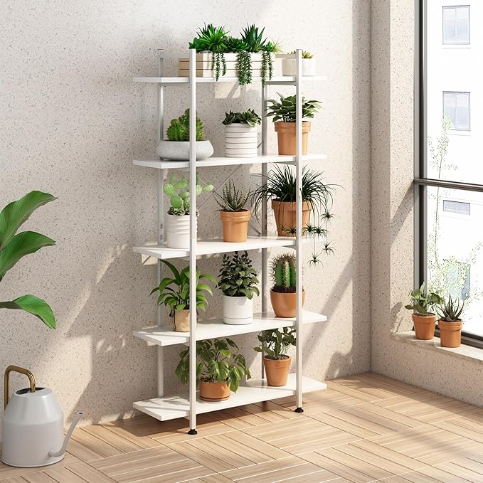 Bookshelf 5 Tiers White Wooden Storage Shelf,Modern Open Display Storage Bookcase Book Organizer,Metal Bookshelf Standing Storage Shelf Tall Shelving Units for Home Office Study - LeafyLoom
