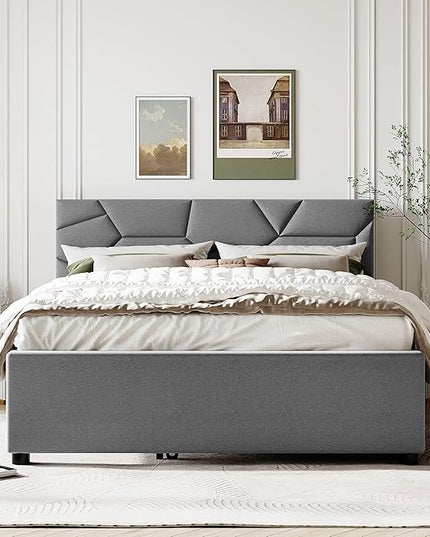 Queen Size Upholstered Platform Bed with Brick Pattern Headboard and Twin XL Size Trundle,Bedroom Bed Frame w/Linen Fabric,Wooden Slats Supproted,for Teens Kids Adults,Gray - LeafyLoom