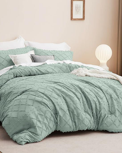 Bedsure Queen Comforter Set - Sage Green Comforter, Boho Tufted Shabby Chic Bedding Comforter Set, 3 Pieces Vintage Farmhouse Bed Set for All Seasons, Fluffy Soft Bedding Set with 2 Pillow Shams - LeafyLoom