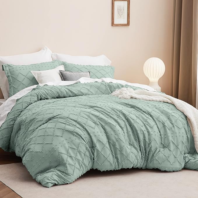 Bedsure Twin/Twin XL Comforter Set - Sage Green Boho Twin Extra Long Comforter Set for College, Shabby Chic Dorm Bedding Set, 2 Pieces Modern Farmhouse Bed Set, includes 1 Pillow Sham - LeafyLoom