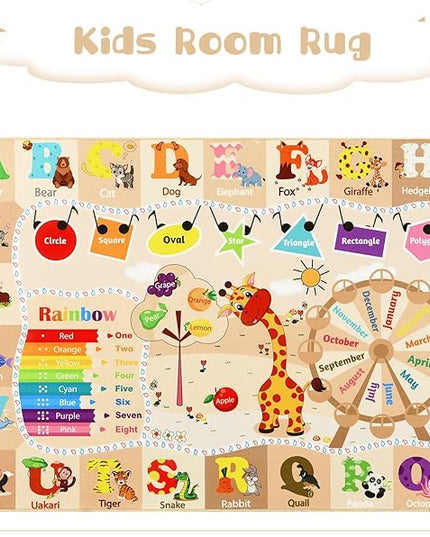 Kids Playroom Rug 4x6 Beige Rugs for Girls Bedroom Child Play Mat Educational and Fun Baby Care Rugs,Learning Rug with ABC Alphabets Animals Shapes No-Slip Carpets for Children Toddler Washable - LeafyLoom