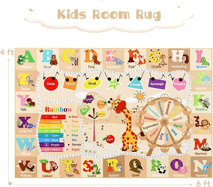 Kids Playroom Rug 4x6 Beige Rugs for Girls Bedroom Child Play Mat Educational and Fun Baby Care Rugs,Learning Rug with ABC Alphabets Animals Shapes No-Slip Carpets for Children Toddler Washable - LeafyLoom