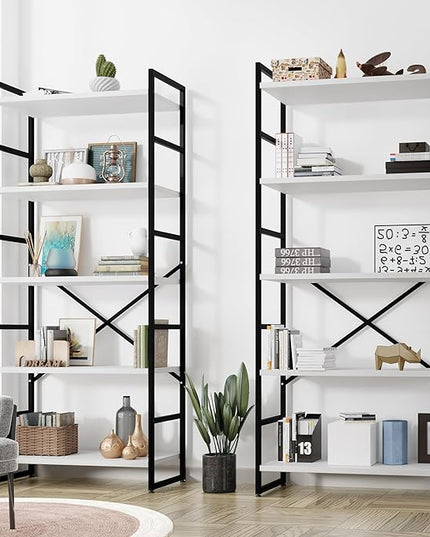 Shintenchi 2 Pieces 5 Tiers Bookshelf, Classically Tall Bookcase Shelf, Industrial Book Rack, Modern Book Holder in Bedroom/Living Room/Home/Office, Storage Rack Shelves for Books/Movies-White - LeafyLoom