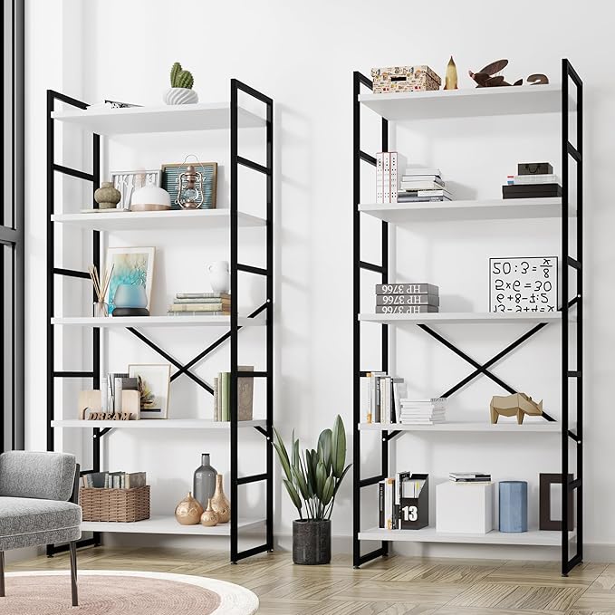 Shintenchi 2 Pieces 5 Tiers Bookshelf, Classically Tall Bookcase Shelf, Industrial Book Rack, Modern Book Holder in Bedroom/Living Room/Home/Office, Storage Rack Shelves for Books/Movies-White - LeafyLoom
