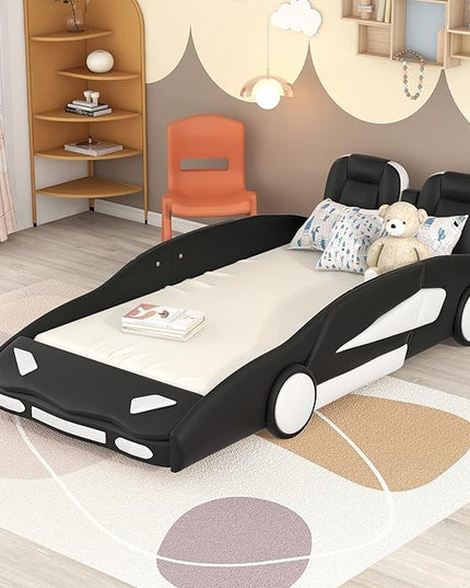 Twin Size Race Car Bed Platform Bed with Wheels and Side Rails,Bed Frame W/Two Seats Headboard,for Kids Boys Girls Teens,Black - LeafyLoom