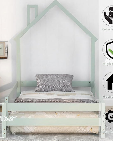 Bellemave Twin Size House-Shaped Headboard Floor Bed with Fences, Wooden Montessori Bed for Kids,House Bed Twin Frame for Girls,Boys (Light Green) - LeafyLoom