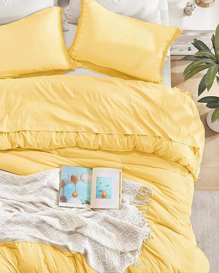 Andency Yellow Tassel Comforter Set Queen(90x90Inch), 3 Pieces(1 boho Comforter, 2 Pillowcases) Farmhouse Shabby Chic Comforter Set, Soft Microfiber Lightweight Fringe Bedding Comforter Set - LeafyLoom