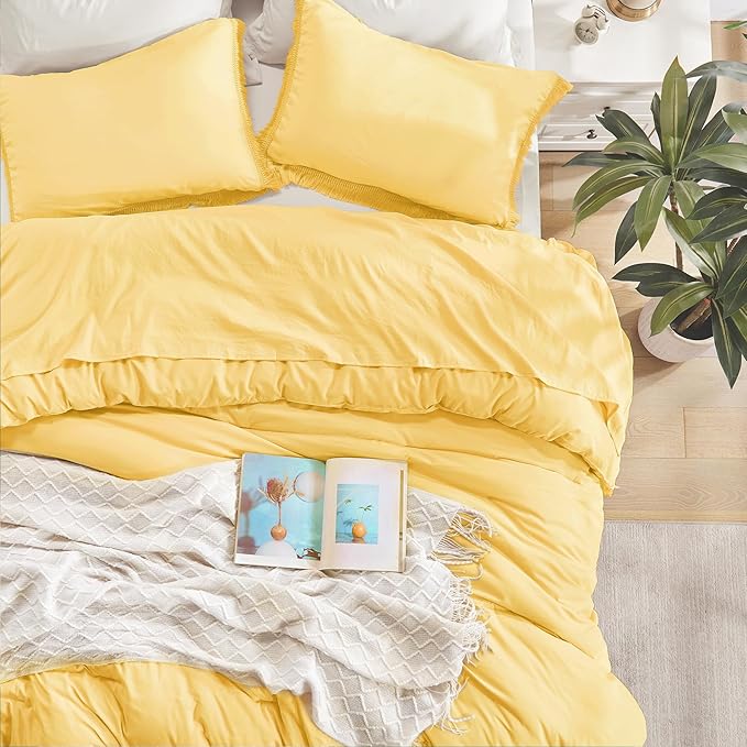 Andency Yellow Tassel Comforter Set Queen(90x90Inch), 3 Pieces(1 boho Comforter, 2 Pillowcases) Farmhouse Shabby Chic Comforter Set, Soft Microfiber Lightweight Fringe Bedding Comforter Set - LeafyLoom