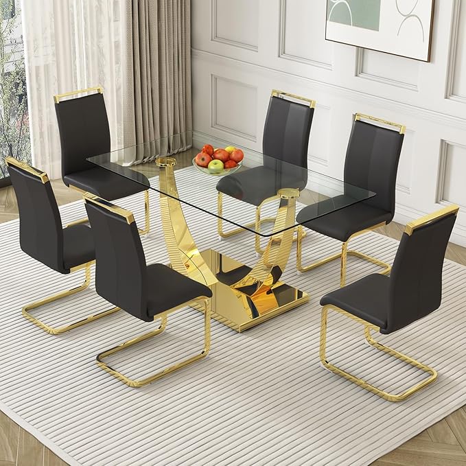 Modern Dining Chairs Set of 6,High Back Black Kitchen Chairs,Faux Leather Side Chair with Gold Plated Metal Legs,Easy to Clean Upholstered Dining Chairs,Ideal for Living Room(Gold Leg) - LeafyLoom
