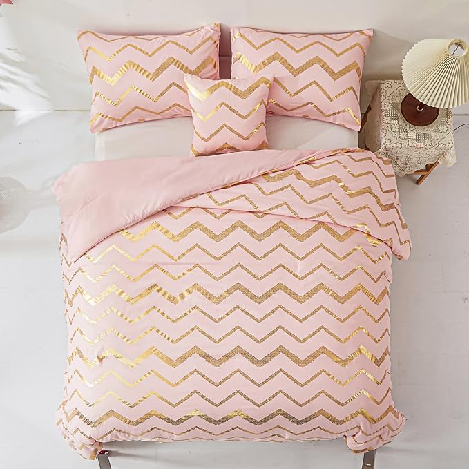 Pink Comforter Set Queen Size, Metallic Blush and Rose Gold Bedding Set, 4 Piece Lightweight Microfiber Bed Set for Teen Girls Women (2 Pillow Shams + 1 Decorative Pillow Sham) - LeafyLoom