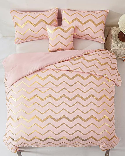 Pink Comforter Set King Size, Metallic Blush and Rose Gold Bedding Set, 4 Piece Lightweight Microfiber Comforter for Teen Girls Women (2 Pillow Shams + 1 Decorative Pillow Sham) - LeafyLoom