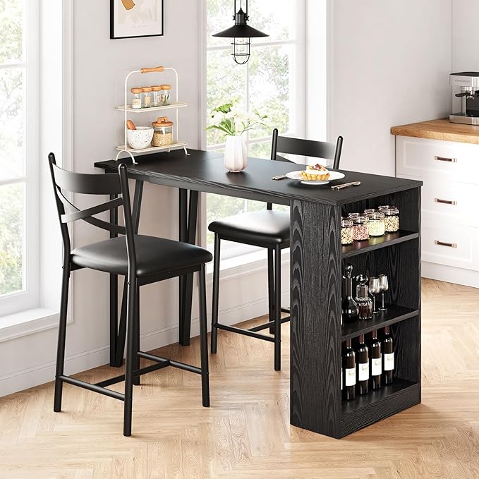 GAOMON Dining Table Set for 2, Kitchen Bar Table and Chairs for 2, 3-Piece Kitchen Table Set with 2 Upholstered Chairs, Expandable Counter Height Bar Table Set with 3 Storage Shelves, Black - LeafyLoom